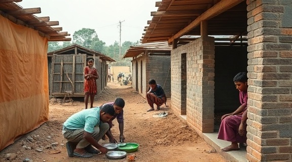 innovative engagement activities, inspired expression, building shelters, photorealistic, construction site with community members, highly detailed, teamwork, narrow aperture, earthy colors, diffused lighting, shot with a 105mm lens.