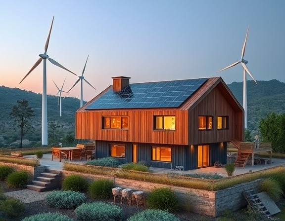sustainable housing design, eco-friendly, transforming, photorealistic, nestled in a natural landscape with solar panels, highly detailed, wind turbines spinning nearby, high definition, earthy hues, soft evening glow, shot with a panoramic lens