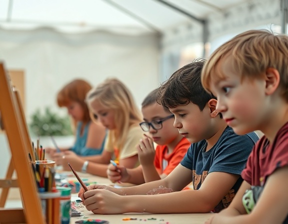 creative youth, concentrated, engaged in a painting workshop, photorealistic, art studio tent with colorful supplies, highly detailed, paint splatters, rich palette, soft afternoon light, shot with a prime lens.