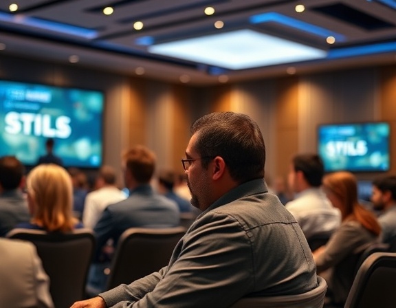 diligent skills training, determined, attending a workshop, photorealistic, modern conference room with interactive screens, highly detailed, people actively engaged, 1/125 sec shutter speed, cool blue lights, overhead lighting, shot with a 35mm lens.