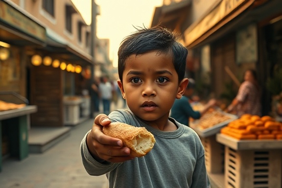 heart-wrenching moment of food hunger, depicting determination, child reaching out for bread, photorealistic, bustling street market with empty stalls, highly detailed, wind gently moving through the market, medium format, warm tones, golden hour lighting, shot with a 85mm lens.