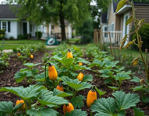 reflective instance of food insecurity, showing resilience, community garden with few ripe vegetables, photorealistic, suburban neighborhood with wilting plants, highly detailed, gentle rain falling, ultra-high-definition, vibrant colors, overcast daylight, shot with a telephoto lens.