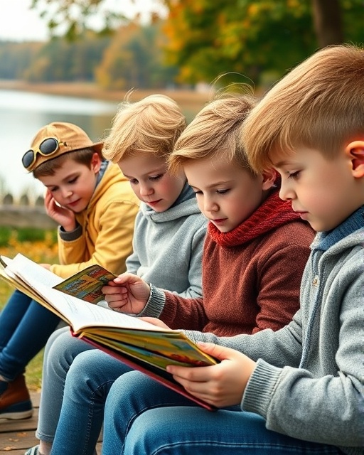 curious youth, inquisitive, attending an outdoor educational session, photorealistic, lakeside backdrop with wooden benches, highly detailed, gentle wind ruffling pages, autumnal colors, soft diffused lighting, shot with a macro lens.
