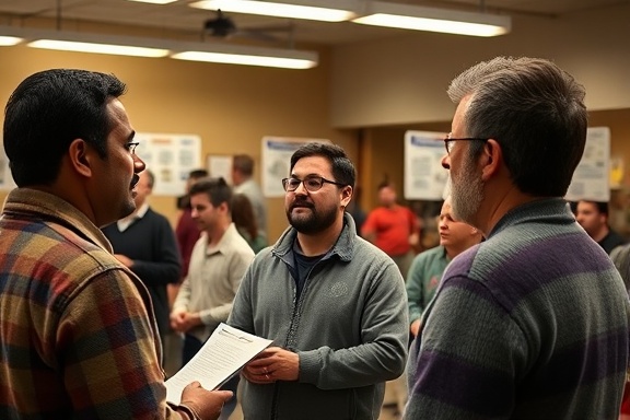 collaborative community collaboration, focused expression, holding a workshop, photorealistic, indoor community center with posters, highly detailed, engaged audience, medium depth of field, warm neutral colors, artificial fluorescent lighting, shot with a 50mm lens.