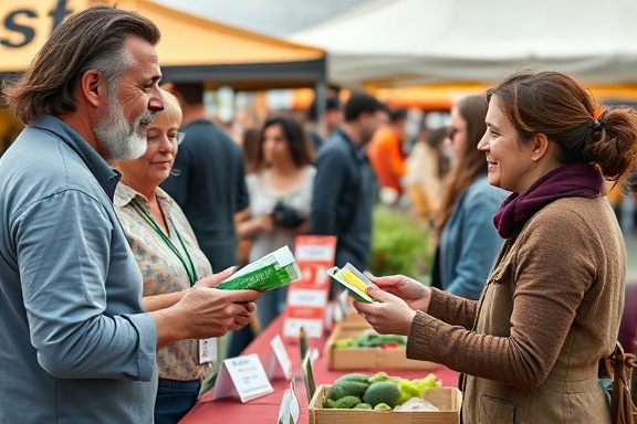 dynamic health promotion, friendly interactions, distributing free health kits, photorealistic, at a bustling farmer's market, highly detailed, occasional gusts of wind, ISO 400, earthy colors, diffused sunlight, shot with a 85mm lens.