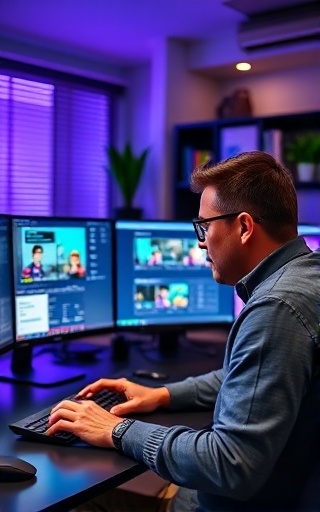 eager skills enhancement, committed, participating in an online course, photorealistic, high-tech home office with multiple screens, highly detailed, animated video tutorials playing, ISO 800, vibrant colors, LED backlight, shot with a 24mm lens.