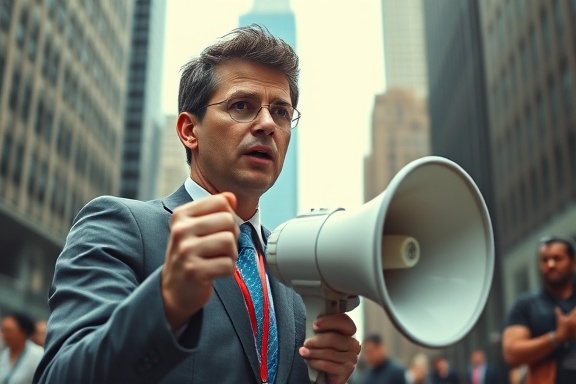 motivated health advocacy, determined demeanor, speaking through a megaphone, photorealistic, in a city square surrounded by skyscrapers, highly detailed, echoes of voices, wide aperture f/2.8, cool colors, bright midday light, shot with a 70mm lens.