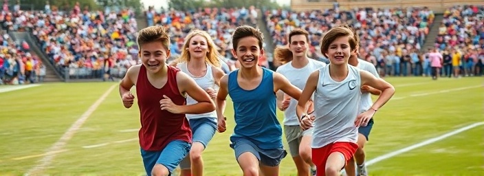 cheerful youth, exhilarated, participating in a relay race, photorealistic, expansive field with crowd in background, highly detailed, motion blur from speed, bright contrasts, high-key lighting, shot with a zoom lens.