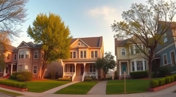 elegant housing design, timeless, inspiring, photorealistic, in a serene suburban neighborhood with tree-lined streets, highly detailed, birds singing, super high-definition, pastel shades, golden hour, shot with a fisheye lens