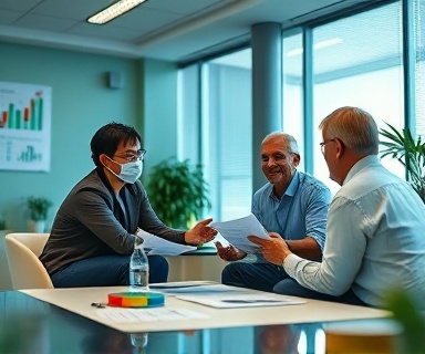 affordable housing finance, encouraging, supporting communities, photorealistic, an intimate office setting with charts and brochures, highly detailed, financial advisors discussing, ultra-high-definition, subtle blues and greens, ambient overhead lighting, shot with a standard lens