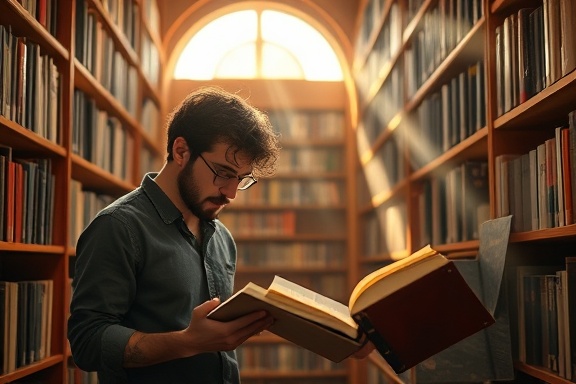 enthusiastic skills learning, interested, delving into books, photorealistic, cozy library environment with warm wooden shelves, highly detailed, dust particles visible in sun rays, ISO 400, warm earthy tones, soft ambient light, shot with an 85mm lens.