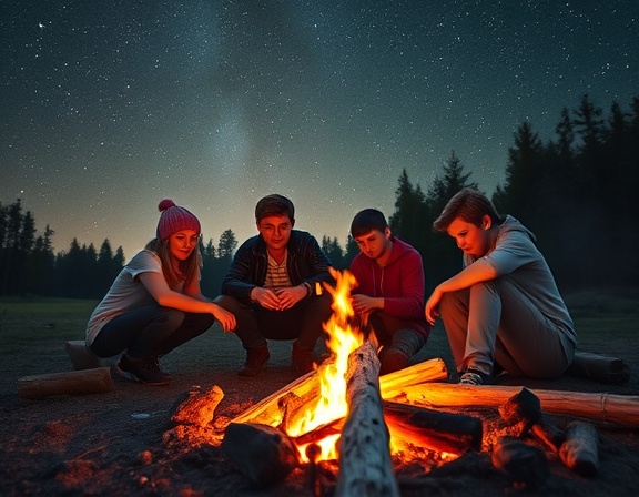 inspired youth, focused, building a campfire, photorealistic, open clearing with twinkling night sky, highly detailed, crackling fire sparks, warm tones, golden hour lighting, shot with a standard lens.