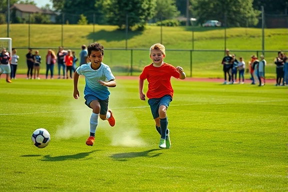 energetic youth, spirited, playing soccer on a field, photorealistic, large grassy area with cheering peers, highly detailed, dust kicked up from running, vibrant greens, midday lighting, shot with a telephoto lens.