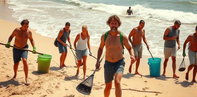 energetic community participation, determined expression, cleaning up beaches, photorealistic, sandy coastal environment, highly detailed, waves crashing, high contrast, warm earth tones, bright midday sun, shot with an 85mm lens.