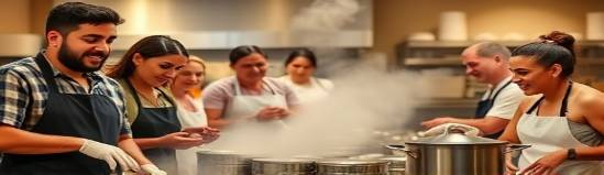 passionate volunteer engagement, cheerful expression, cooking for charity, photorealistic, large kitchen with diverse group, highly detailed, steam from pots, high ISO sensitivity, rich warm colors, soft spotlight lighting, shot with a 50mm lens.