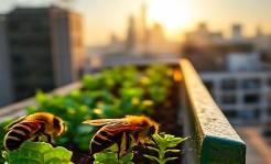 progressive engagement initiatives, hopeful expression, urban gardening, photorealistic, city rooftop with plants, highly detailed, bees buzzing, clear depth, lush green focus, golden sunlight, shot with a macro lens.