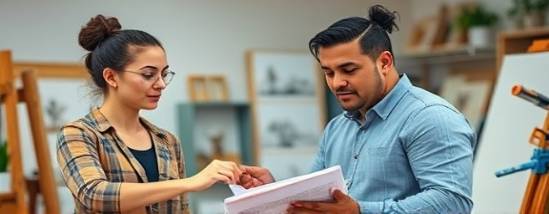 engaged partner teamwork, determined looks, planning strategy, photorealistic, creative studio with art supplies, highly detailed, colorful sketches, dynamic discussion, bright hues, natural spotlighting, shot with a 24mm lens.