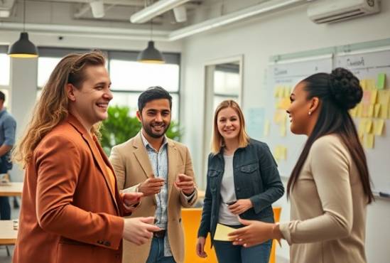 innovative partner collaboration, hopeful smiles, developing a new concept, photorealistic, co-working space with urban vibe, highly detailed, sticky notes and whiteboards, bustling movement, pastel shades, overhead lighting, shot with a 28mm lens.